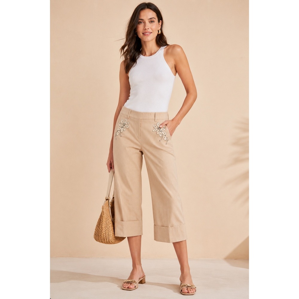 Robert Rodriguez Beige Linen Embroidered Wide Leg Cropped Culotte Pants Size 6